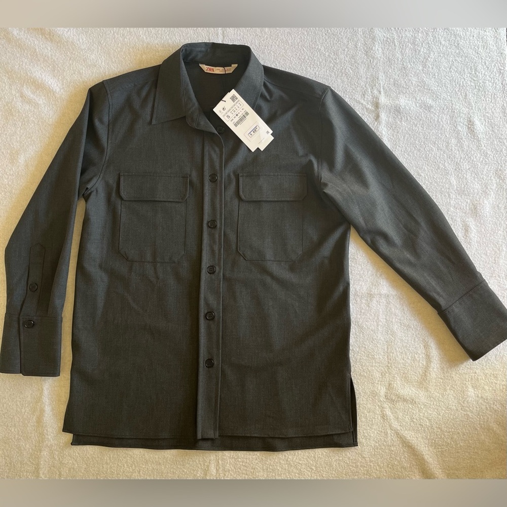 NWT - Zara Women’s Classic Shirt with Patch Pocket in Charcoal Grey - Size S/M